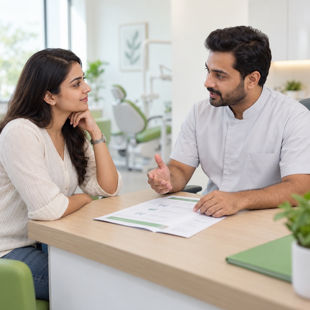 A clinician talking a seated patient through her treatment plan at the desk