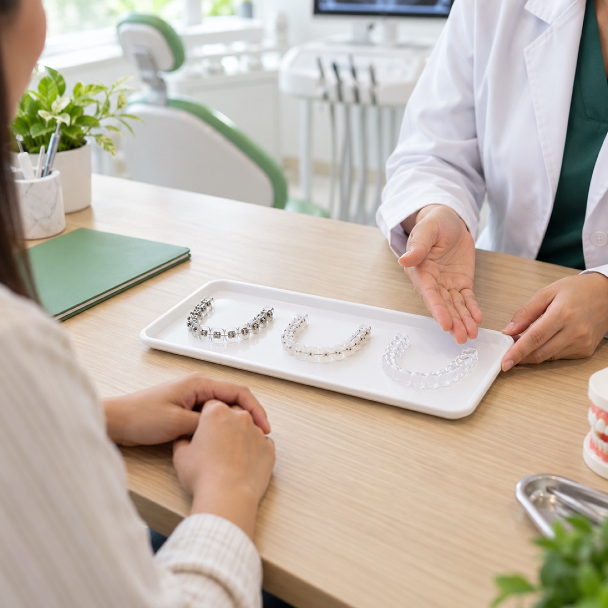 A clinician presenting metal braces, ceramic braces and a clear aligner side by side on a tray to a patient