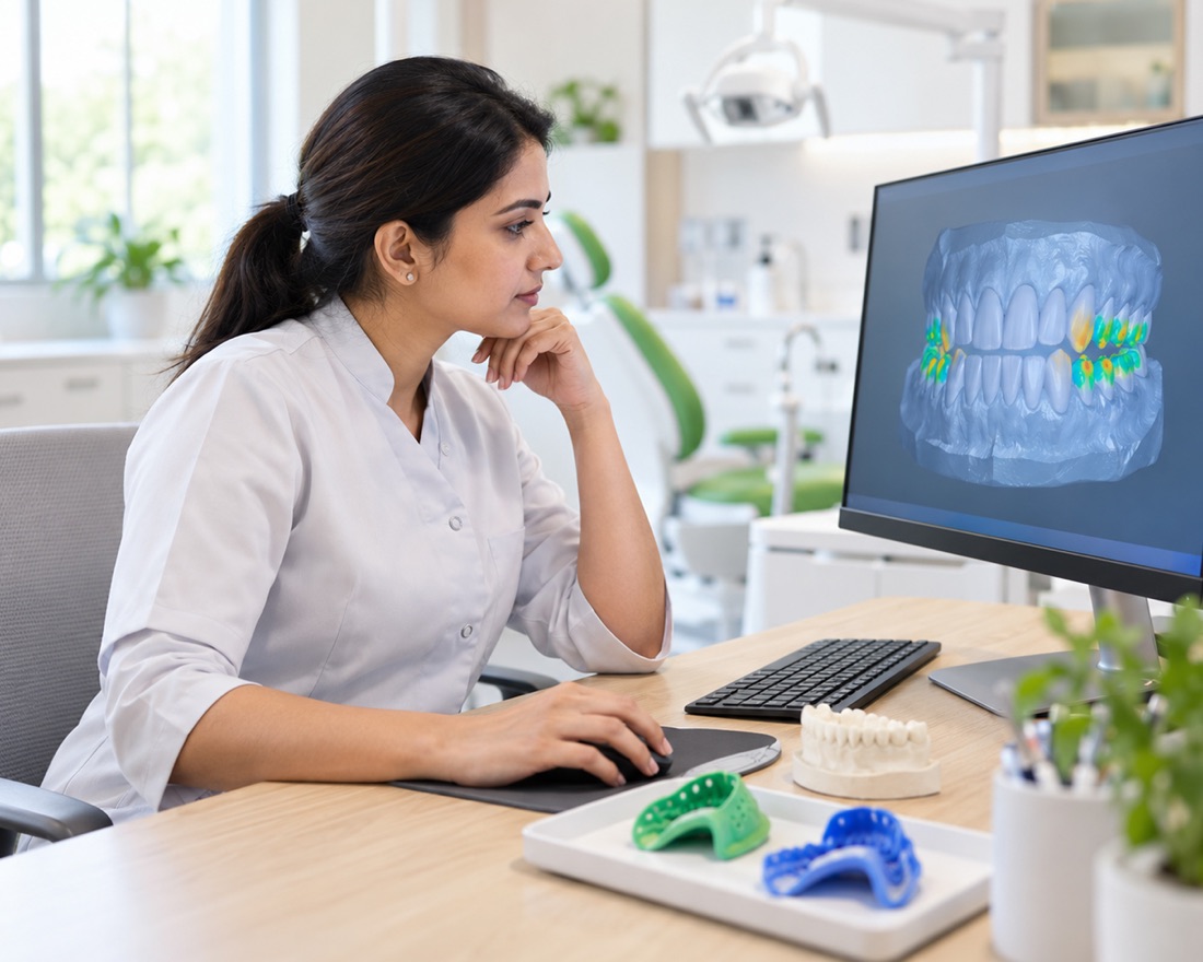 A clinician studying a patient's 3D bite scan on screen, with impression trays and a study model on the desk