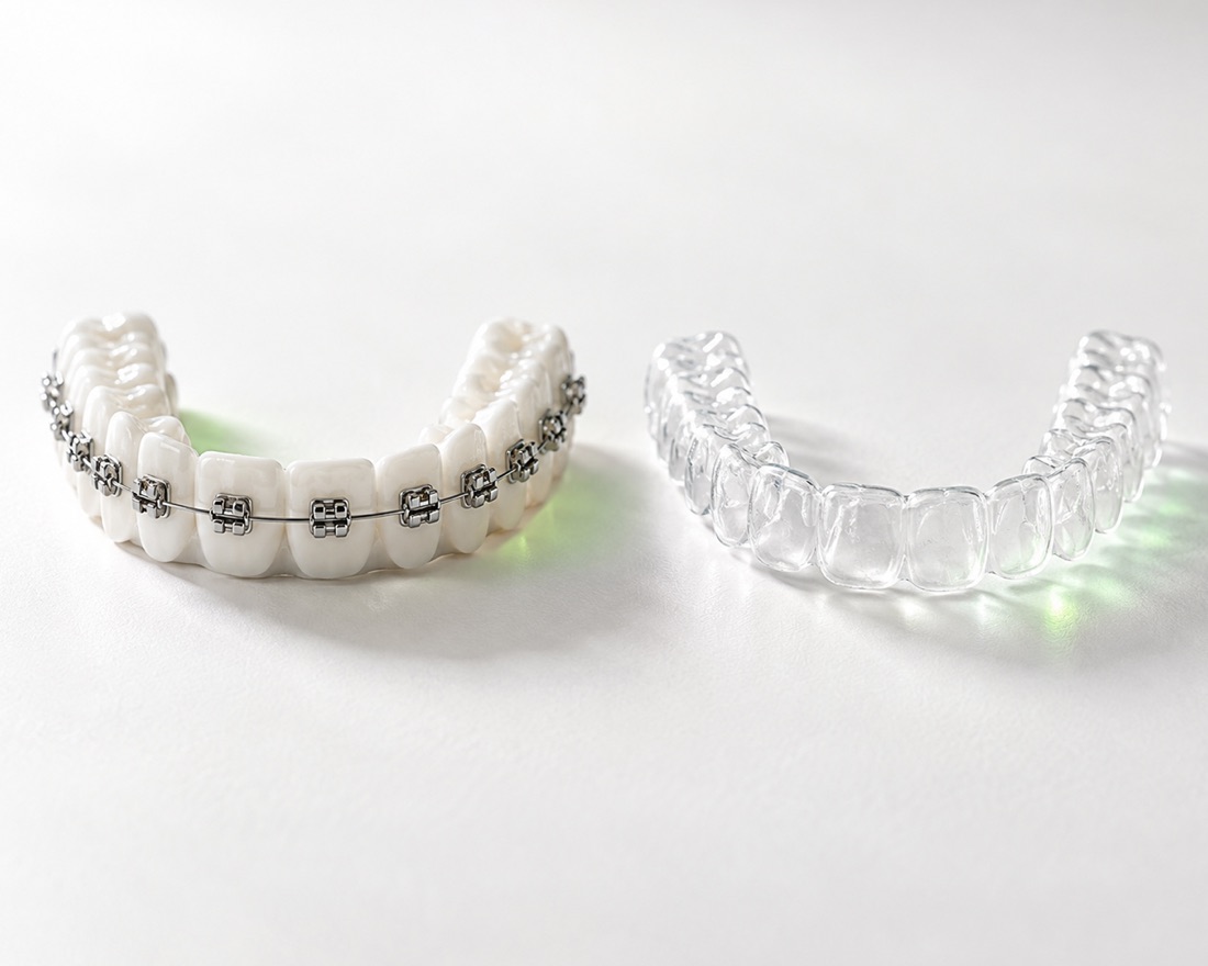 Fixed braces and a clear aligner tray photographed side by side