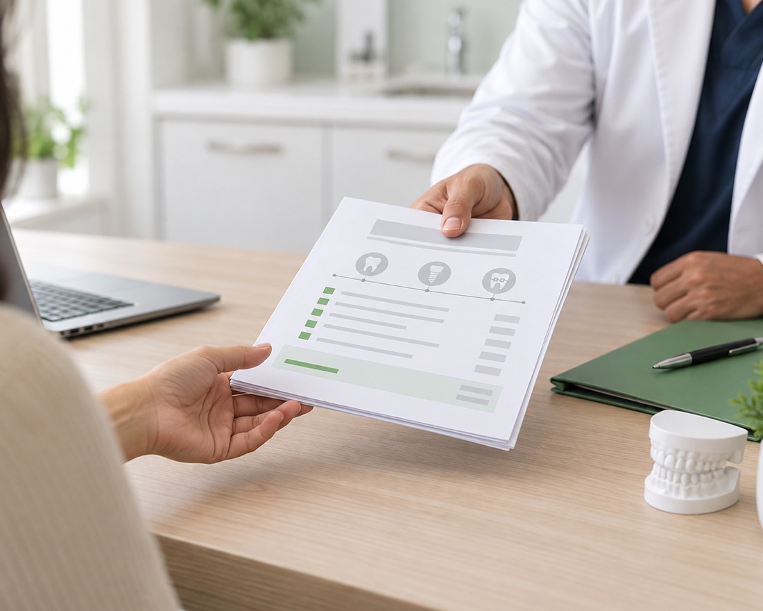 A clinician handing a written treatment plan and costing across the desk to a patient