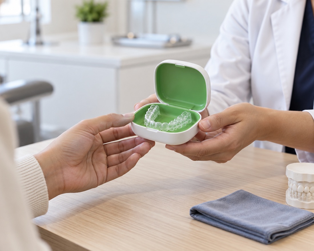 A clear retainer in its case being handed to a patient at the end of treatment